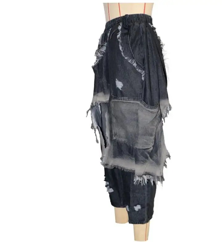 Calças de brim femininas harem calças buraco bolsos estilo punk jean 2025 rasgado tornozelo comprimento calças cintura elástica borlas lavadas angustiadas