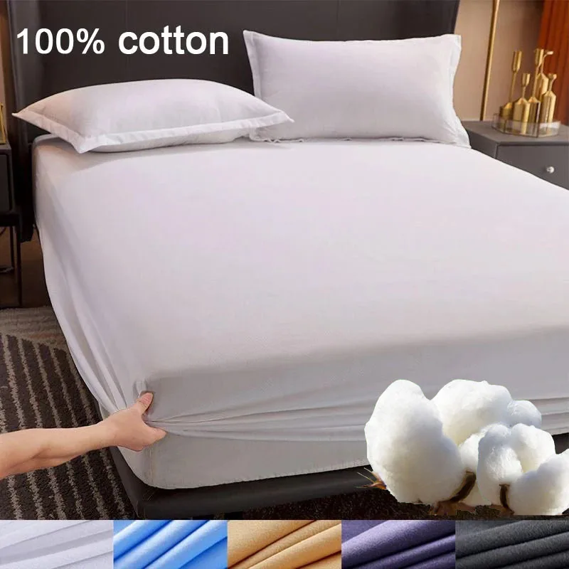 100% Cotton Mattress Protector Cover Or Pillowcase Elastic Band Bedspread Comfortable Fitted Sheet Solid Single Double Bed Size