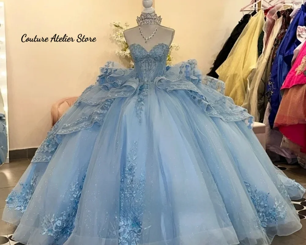Vestidos de Quinceañera Azul Claro, Vestido de Fiesta con Hombros Descubiertos, Vestido de Cumpleaños para Dulces 15 o 16 Años, Vestido de Quinceañera Personalizado