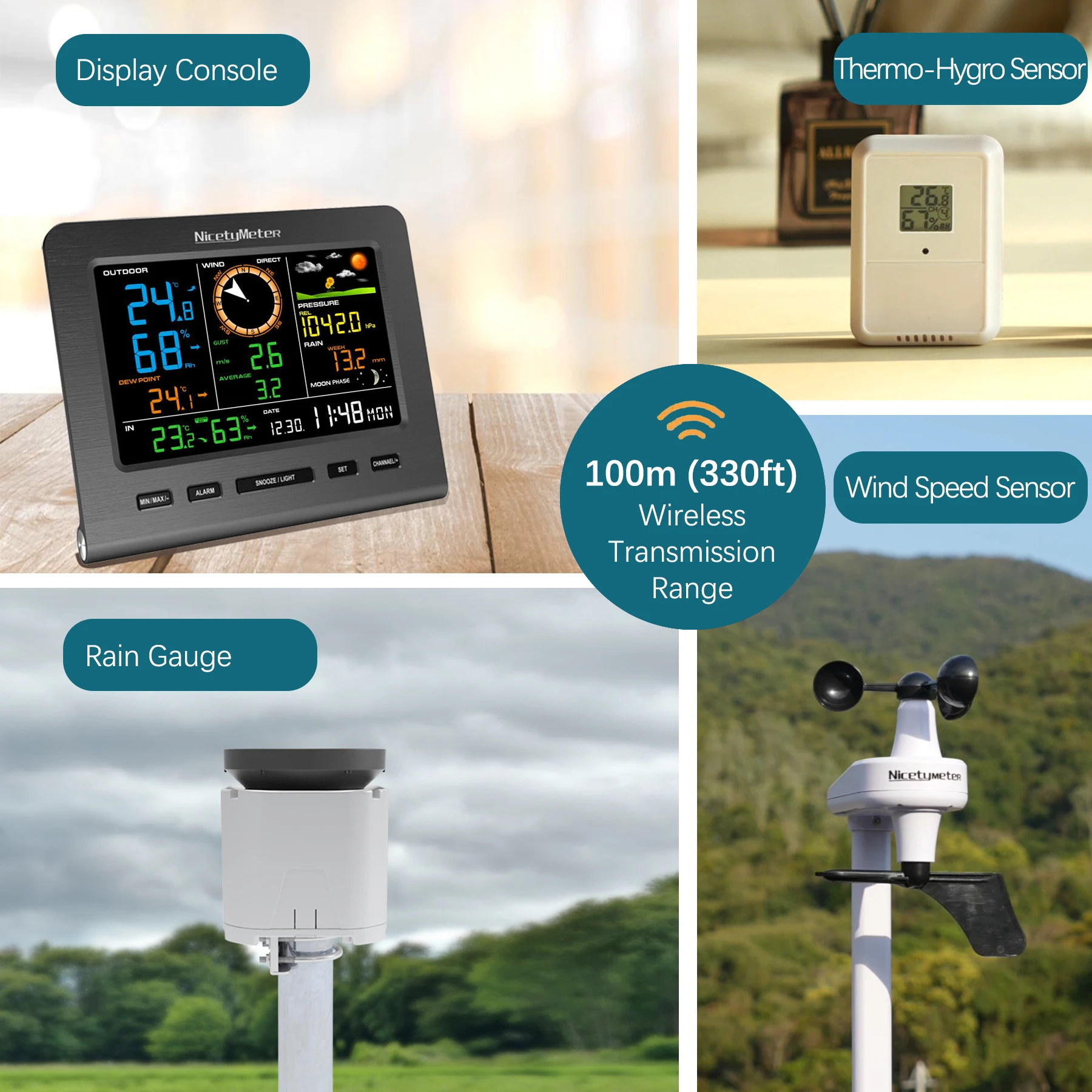 Complete Personal Remote Monitoring Wi-Fi Weather Station Indoor/Outdoor Temp & Humidity Wind Speed Direction Rain Fall Data