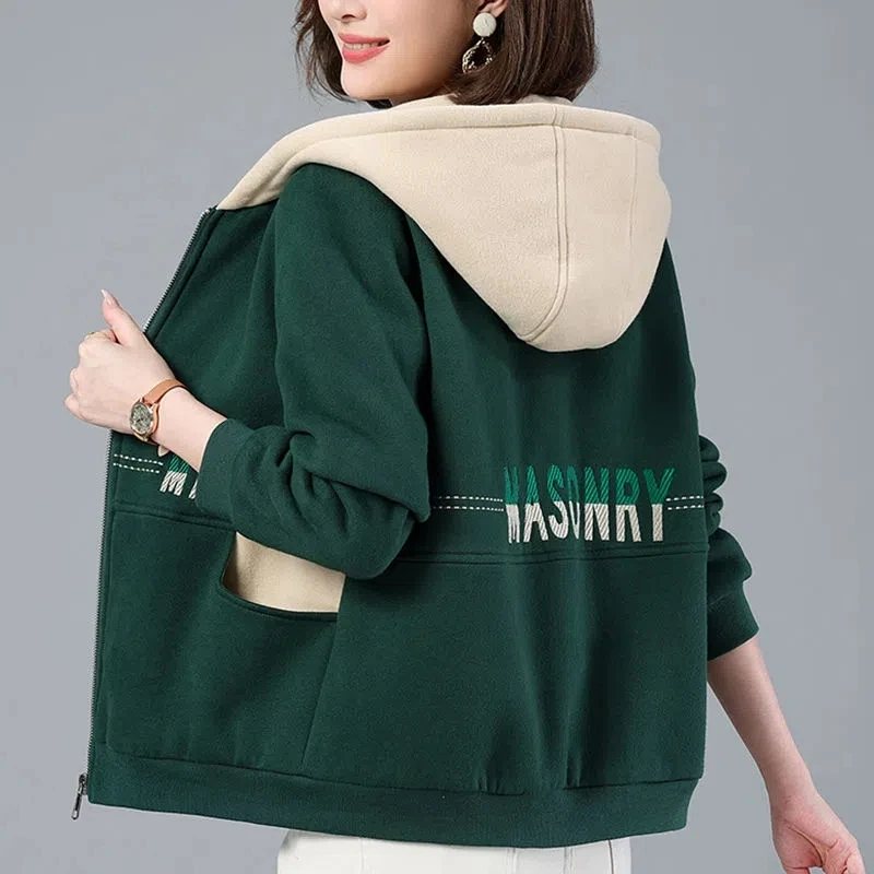 Mother\'s Cardigan Sweatershirt For Women spring and autumn 2022 New Loose Patchwork Hooded Short Coat Female Print Jacket