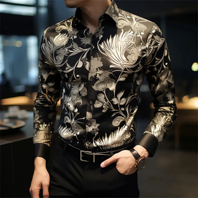 Camicia a maniche lunghe da uomo con stampa floreale 2024 camicia da uomo casual versatile moda street da uomo con risvolto monopetto manica lunga