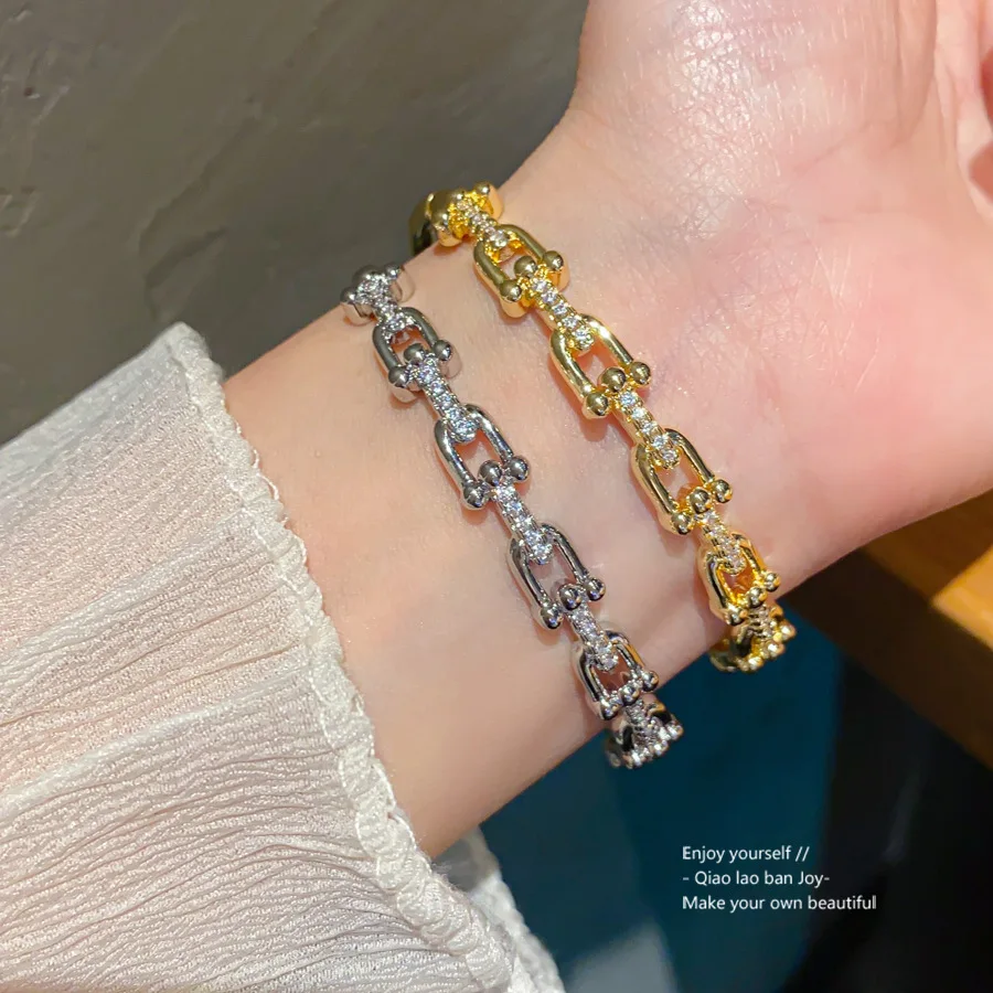 

2026 Gold Plated Initial Buckle Bracelet with Cubic Zirconia Adjustable Stackable Luxury Vintage Jewelry Gift for Women