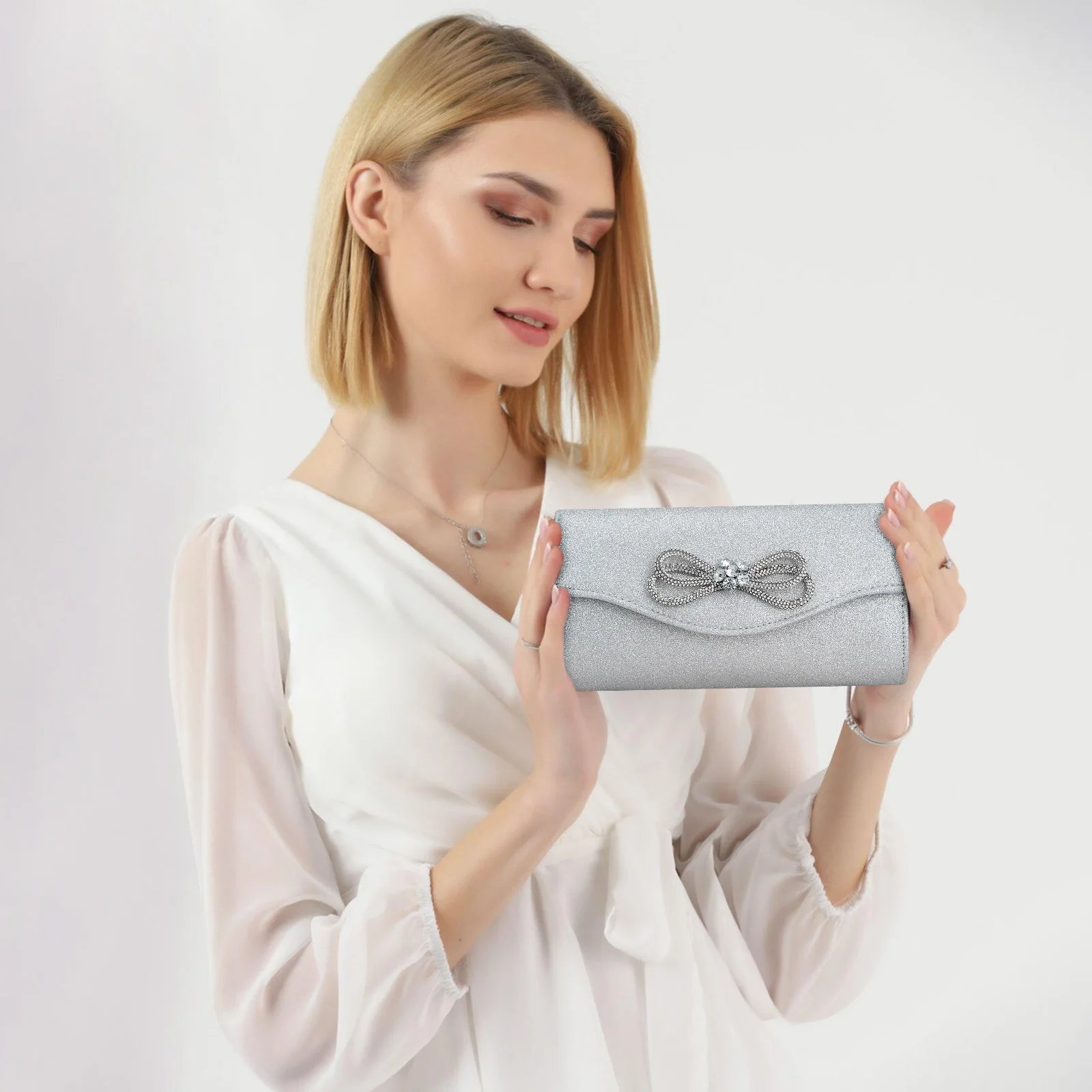 

Elegant Evening Handbag with chain Shiny Crystal Bow Clutch Purse Crossbody Bag Shoulder Bag Women Bow Satchel Purse Clutch Bag