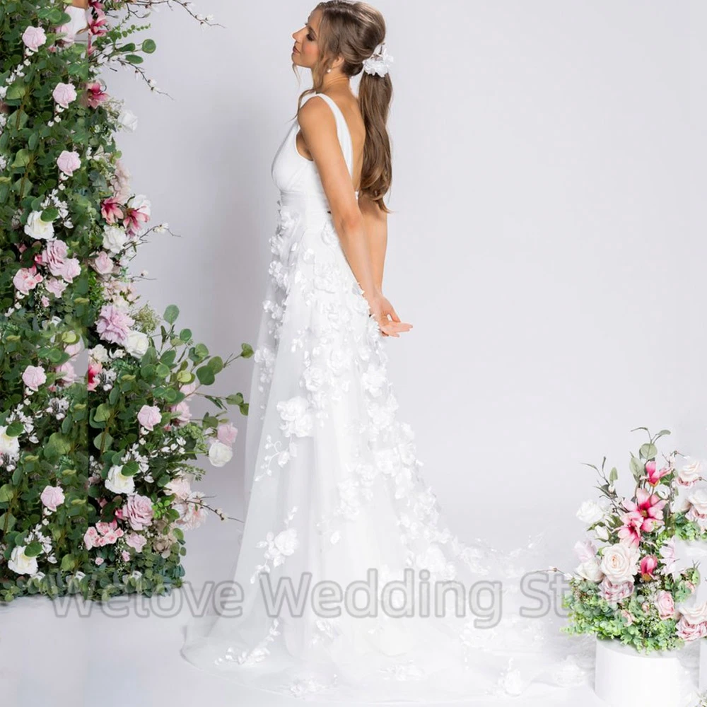 Exquisite 3D Flowers Wedding Dress Deep V-Neck Sleeveless A-Line Floor Length with Pleat Bridal Open Back Sweep Train Gowns