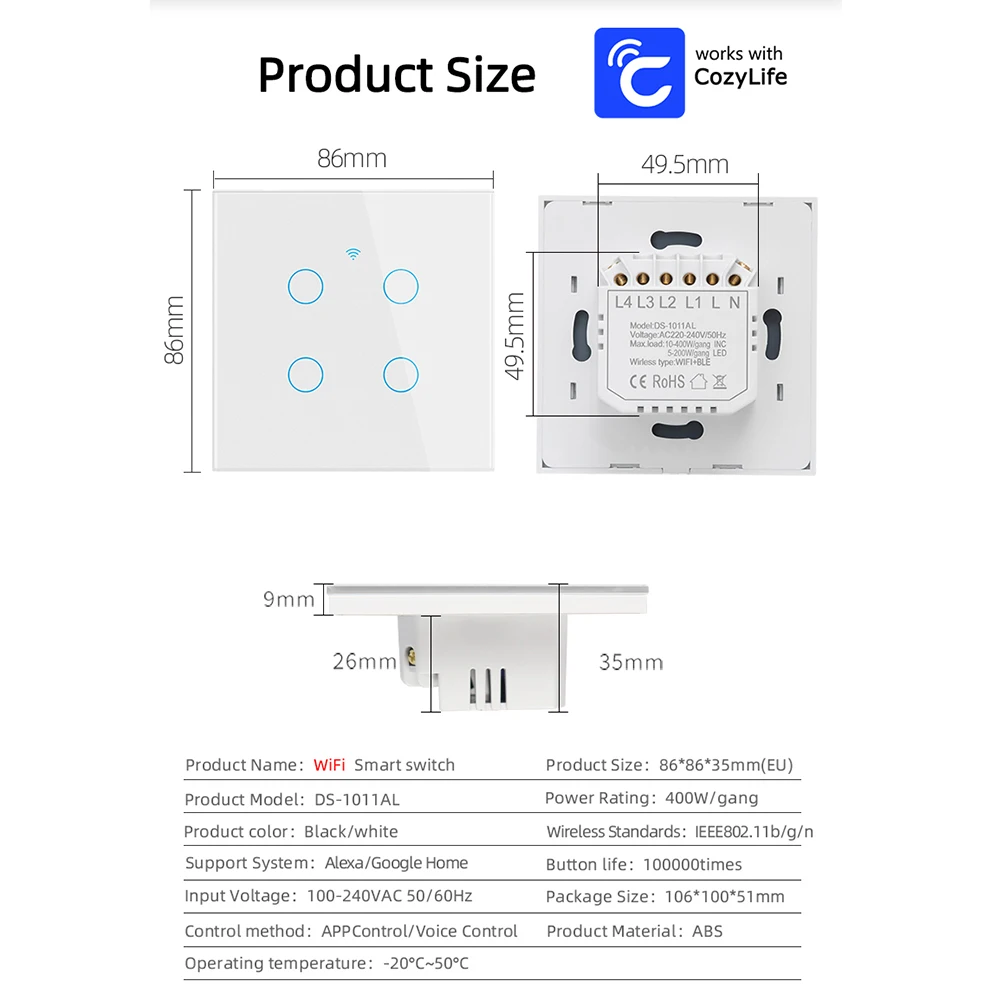 Cozylife interruptor inteligente UE WiFi cable neutro/sin cable neutro interruptor de luz táctil 220V funciona con Alexa Google Home 1/2/3 Gang