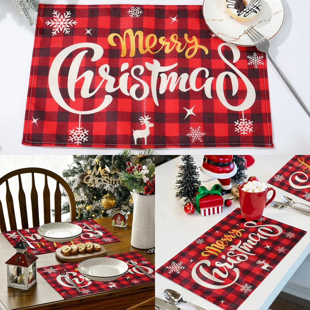 Christmas Red Plaid Placemat Merry Christmas Table Decoartion For Home Let It Snow Placemat Decor Xmas 2024 Gifts