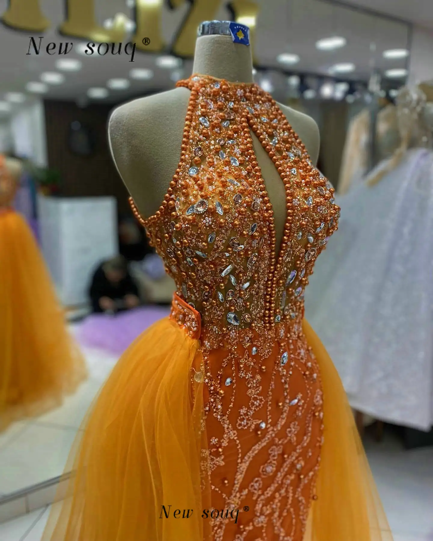 

Sexy Orange Sleeveless Long Evening Dresses with Removable Tulle Train Pearls Keyhole Neck Crystals Prom Date Night Gowns