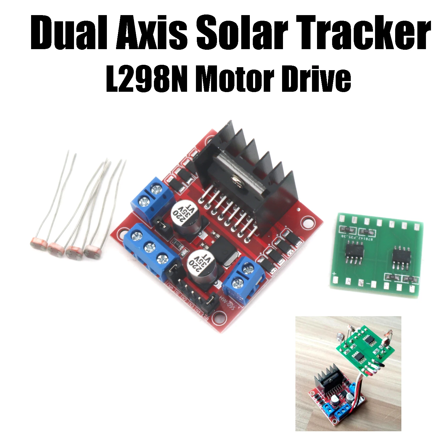 Sensore di tracciamento solare a doppio asse DC 12V Monitoraggio automatico + Scheda di azionamento motore L298N W Fotoresistenza 5539 da 4 pezzi