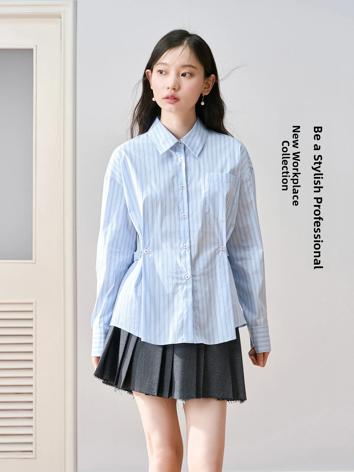 

Miss Bird Blue Professional Long Sleeve Shirt Women's Spring Commute Fashion Slim Fit Waist Cinched Shoulder Shirt