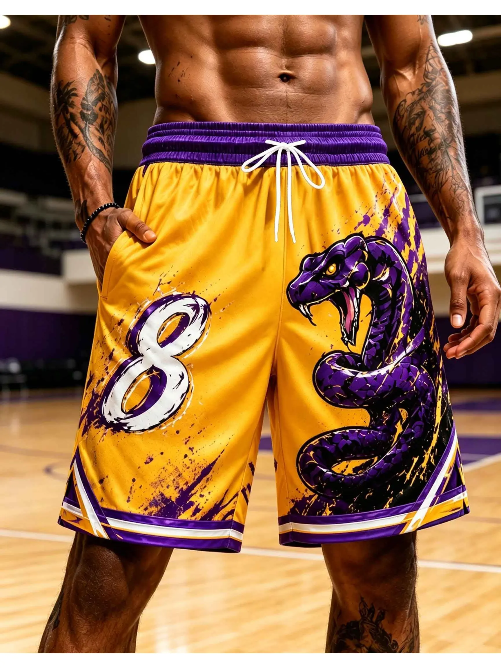 American Purple Snake Printed Basketball Shorts Men's Mesh Breathable Pocket Sports Fitness Street Trendy Shorts
