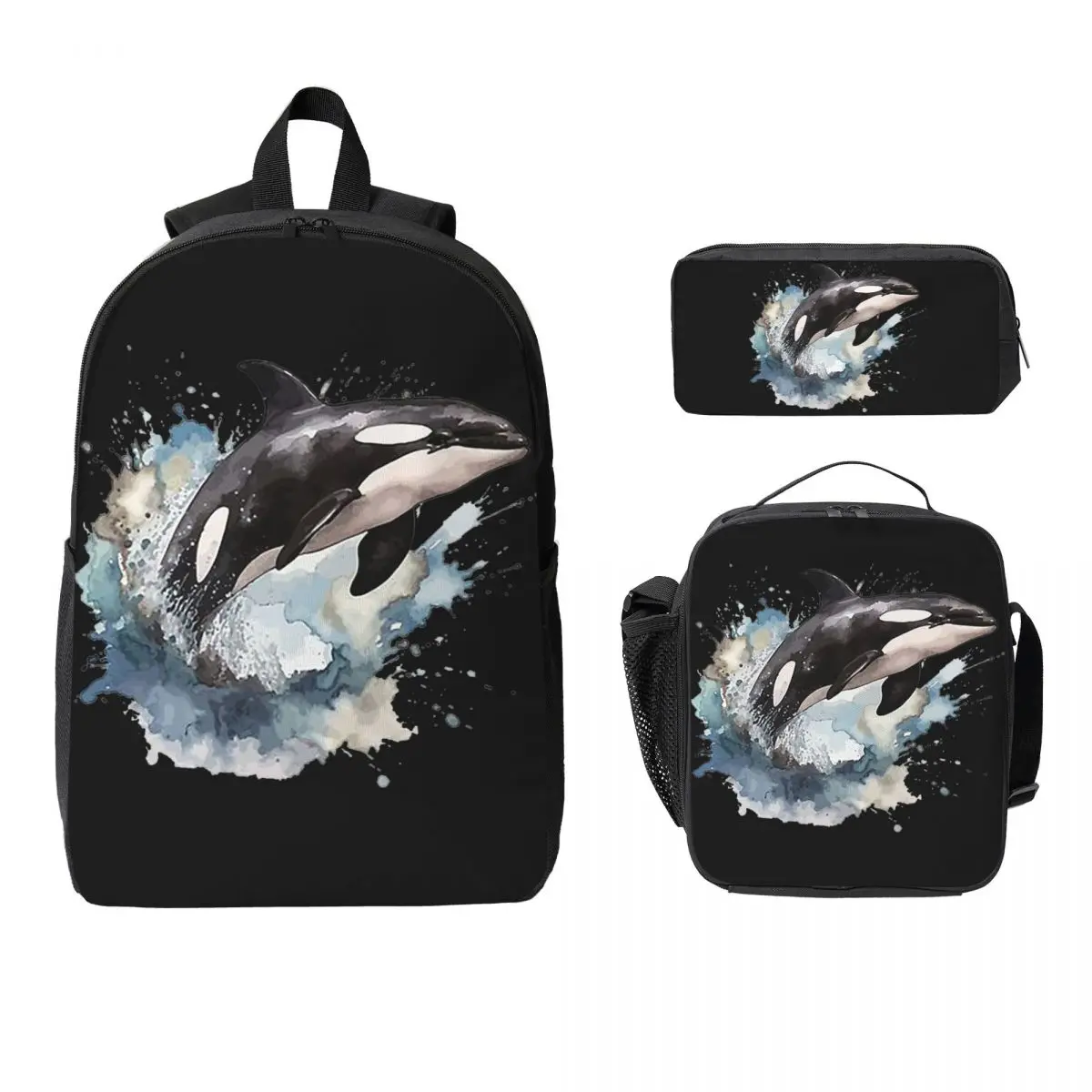 

Orca Aquatic Sea Ocean Top Tees Killer Whale Backpack Student Boys Girls BookBag School Bag 3ps Insulated Lunch Bag Pencil Case
