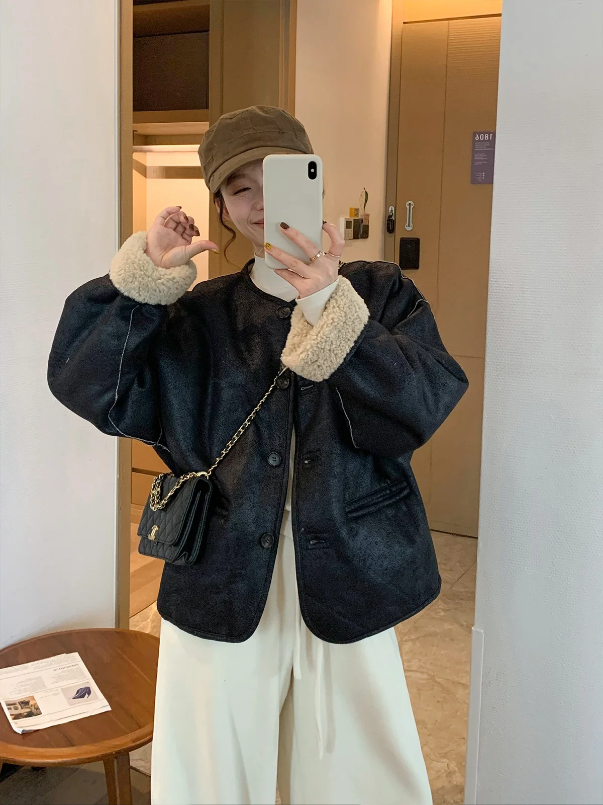 Jaqueta Casual Feminina Love Devil Fi em Couro Sintético com Forro de Pelo, Estilo Solto, para Outono/Inverno