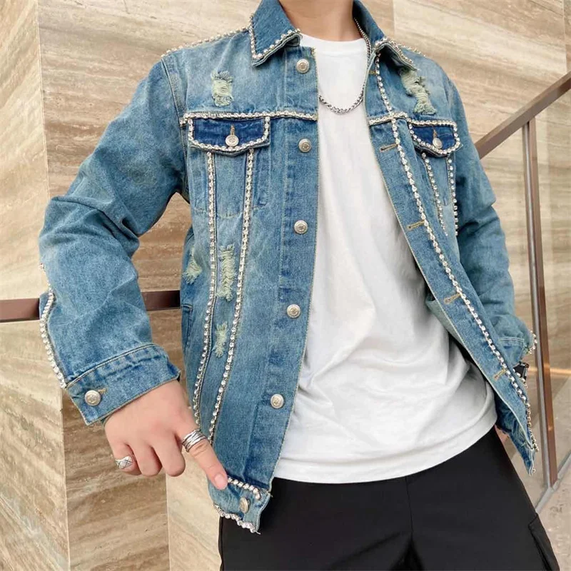 Chaqueta Bomber ajustada de mezclilla con estampado de borde de diamante para hombre, chaqueta vaquera informal de Hip Hop para otoño, Veste En Jean