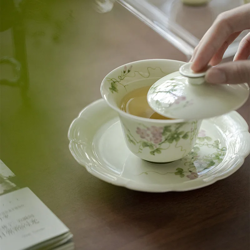 Xiaocangcui Hand-painted Morning Glory Kung Fu Set Ceramic Scholar's Ware Tea Bowl Household Thin-walled Gaiwan