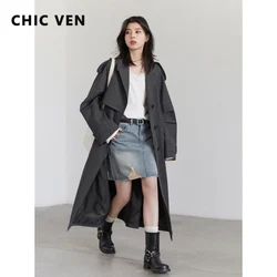 CHIC VEN 여성 트렌치코트 패션 클래식 루즈핏 솔리드 벨트 오버코트 한국 캐주얼 여성용 윈드브레이커 봄 가을 신상 2026