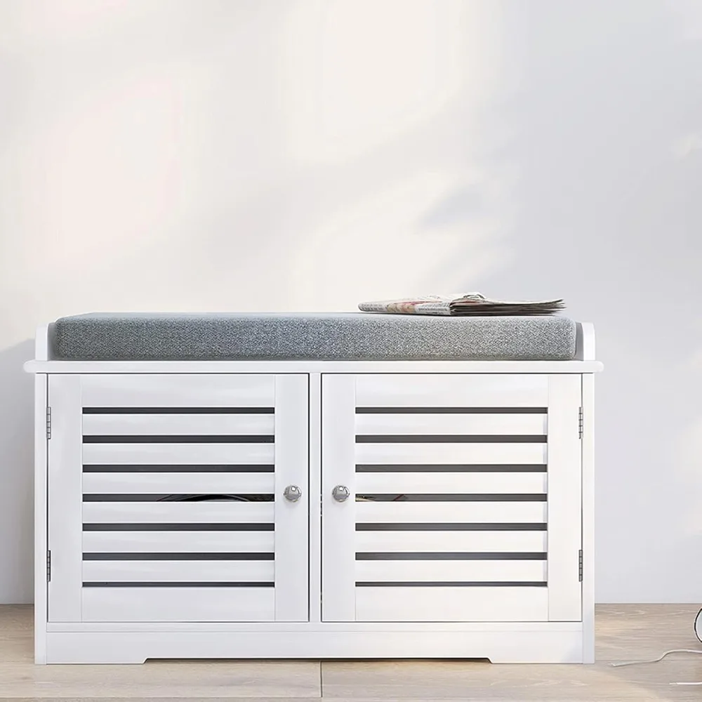 

RASOO Shoe Storage Benches White Shoe Rack with 2 Doors & Padded Seat Cushion in Grey Cabinet Entryway Bench with Organizer