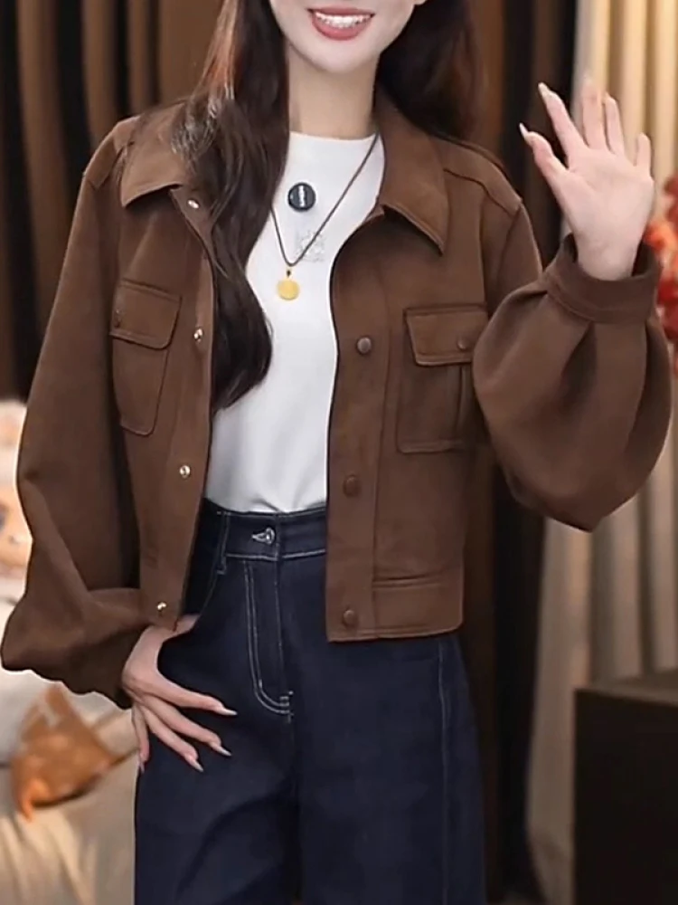 

American Retro Suede ort Jaet Women's Casual Flip Collar Top Faionable Loose Fit Breathable Straight Cut Autumn Wear