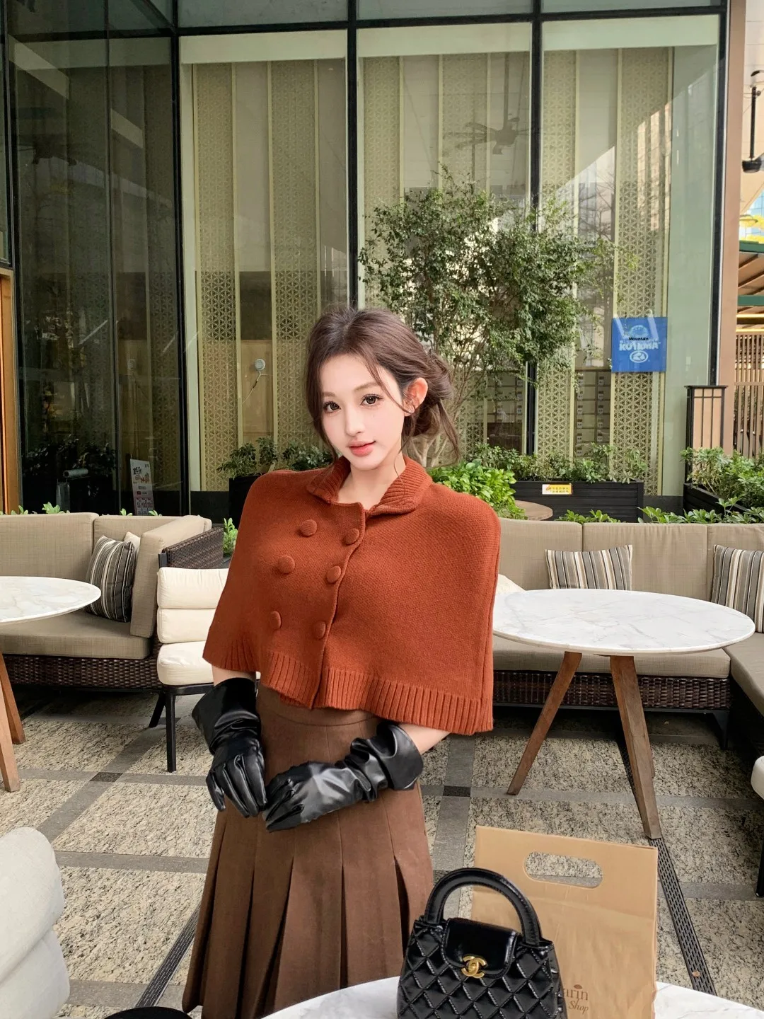 

Женский зимний модный вязаный комплект: пальто-накидка, топ и юбка с двойным рядом пуговиц, ретро-элегантность, двухцветная юбка-полусолнце