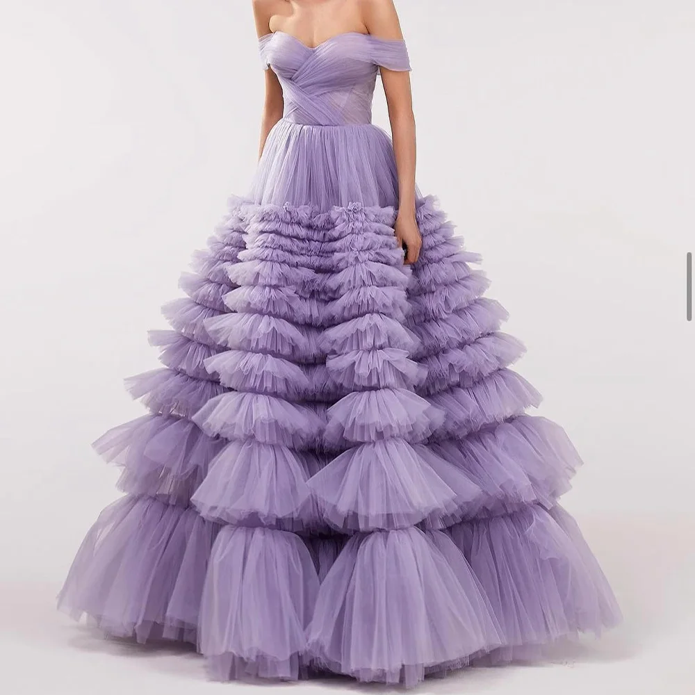 Ruffles Sweep Train A-Line Floor Length Strapless Exquisite Evening Dresses Custom Size Off the Shoulder Tulle Short Sleeves