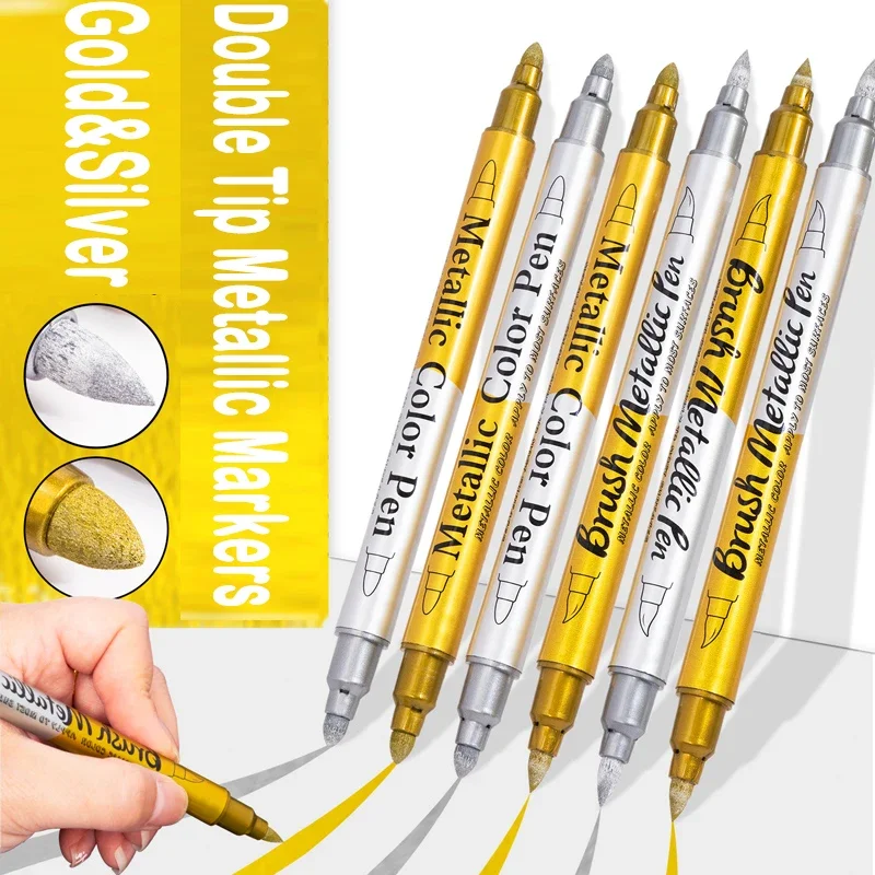 12 PCS Colorful Doublue Tip Gold Silver Metallic Marker Pen Permanent Art Marker School Supplies Stationery For Crafts DIY