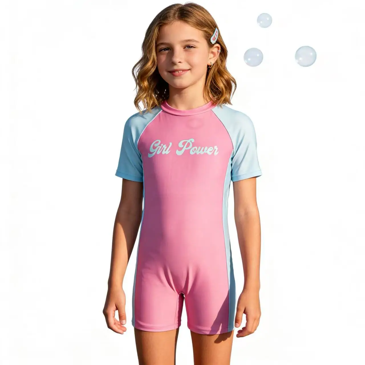 Girls' Fashion Color Block Zipper One-Piece Swimsuit Flat-Cut Surf Beach Short Sleeve Children's Swimming Suits Polyester 