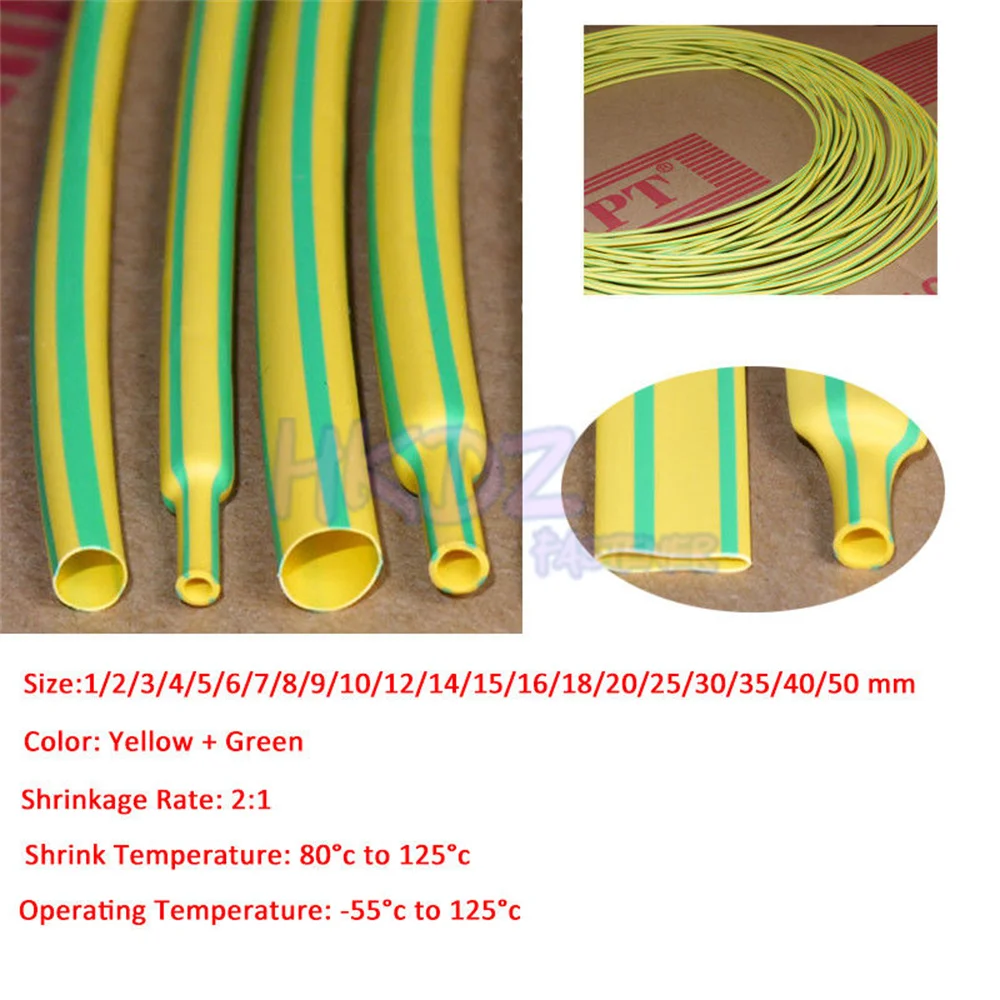 1-20Meters 2:1 1mm-50mm Yellow & Green Heat Shrink Tube Heat Shrinkable Sleeving Tubing Wrap Wire Insulation Sleeve