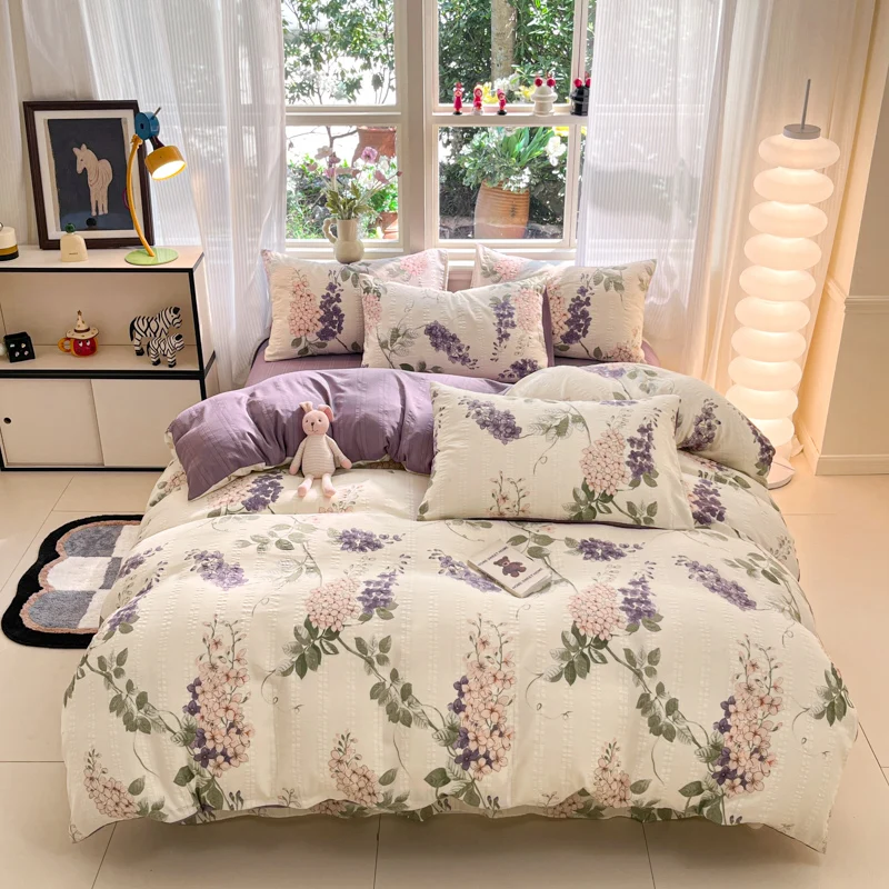 Purple Grape Flowers Duvet Cover 4pcs Bedding Set Floral Quilt Cover Polyester Home Comforter Cover 1 Flat Sheet 2 Pillowcases