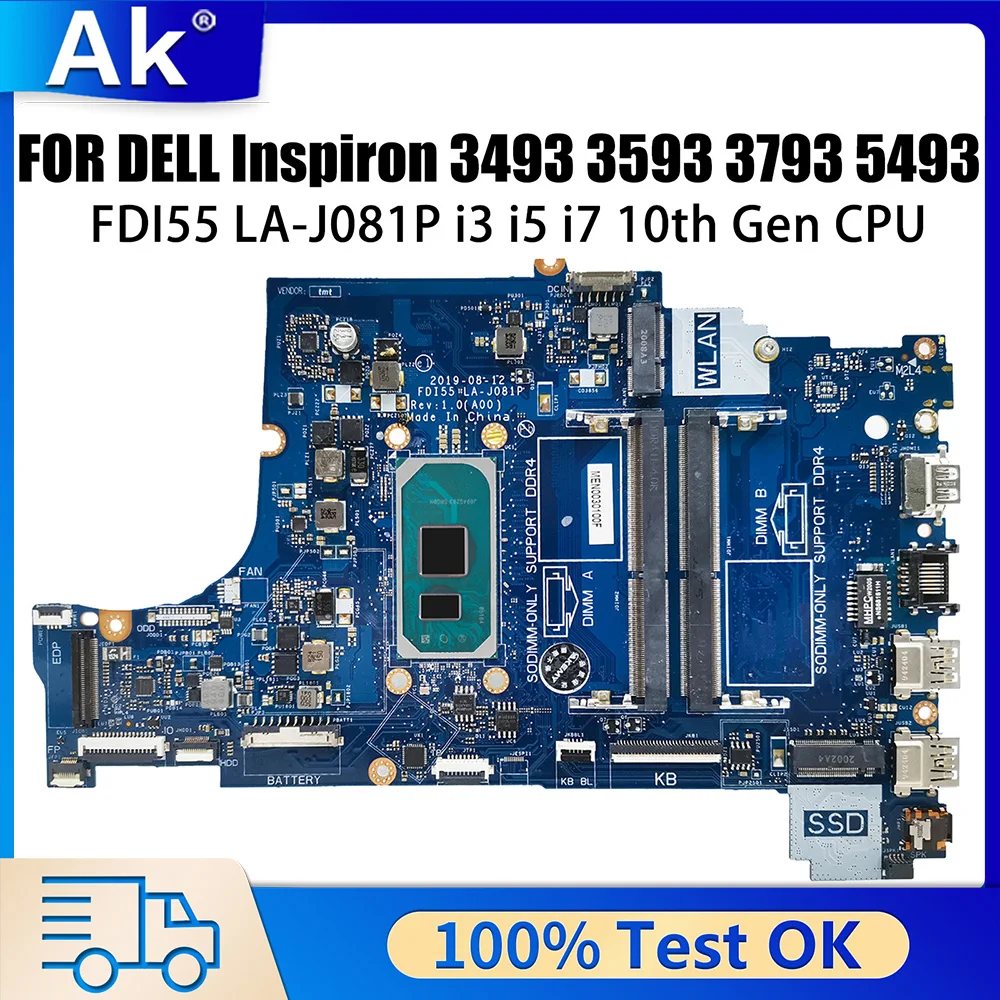 Fdi55 LA-J081P für dell 3493 3593 559 5770 notebook mainboard i3-1005G1 cpu 052 x6w 004 c38 laptop motherboard