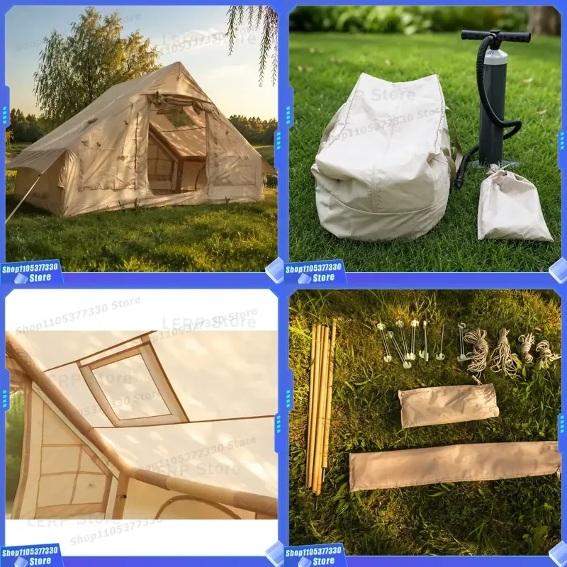 Quality Inflatable Tent 6.3sqm Standard Air Column 210D Oxford Khaki 3-4 Person Family Portable Easy Build Glamping Camping