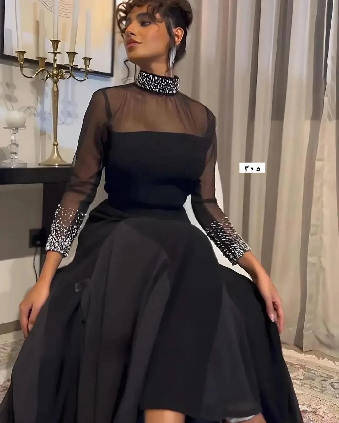 

Black Arabic Prom Birtnday Dress High Neck Beads Sequin Long Sleeves Chiffon A-line Evening Formal Party Dresses Gowns Gala