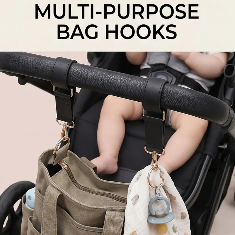 Stroller Hooks Premium PU Leather Double Clips for Baby Stroller，Secure Universal Pram Bag Holder, Stroller Accessories for Mom