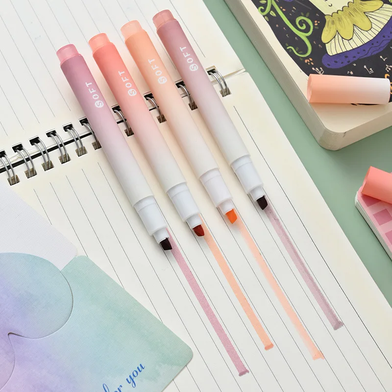 4PCS Color Markers Highlighter Pen Set Kawaii Markers Soft Head Focus on Notes Painting School Art Supplies Stationery