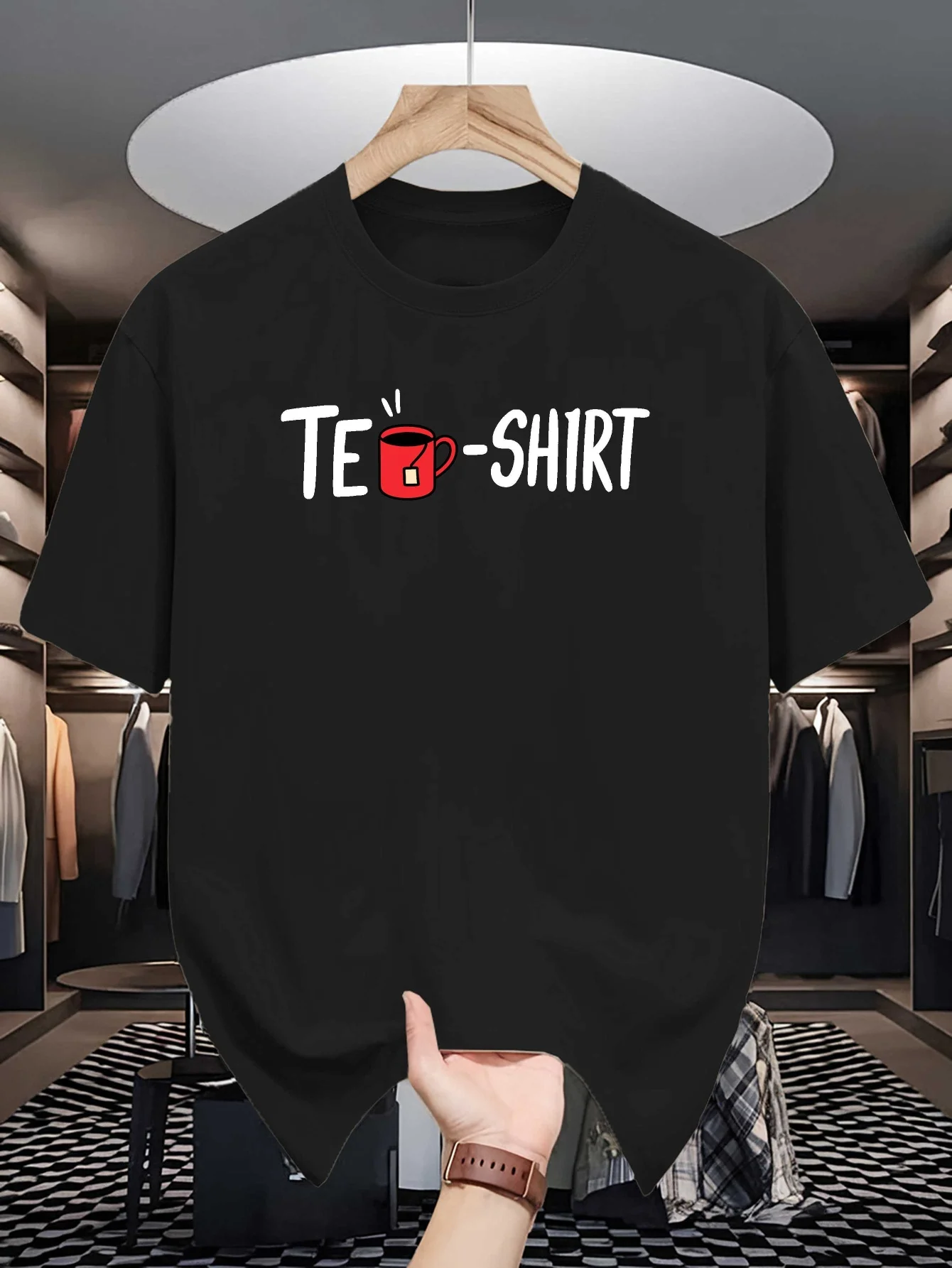 Te Shirt Pun Print Mens Crew Neck T Shirt Cartoon Red Tea Cup Letter Graphic Short Sleeve Casual Cotton Trendy Street Tees