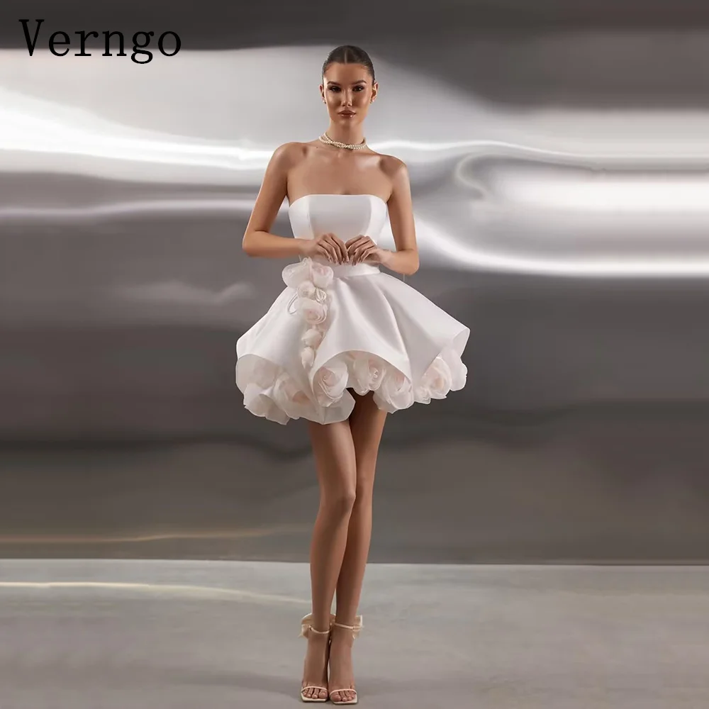 

Verngo lvory Short Party Dress 3D Flowers Rose Mini Prom Gown Women Modern Strapless Ball Evening Gowns Customized