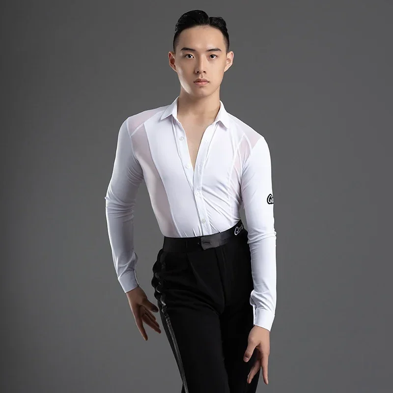 2024 New Latin Dance Competition Clothing For Men Stand Collar Cardigan Mesh Shirts Chacha Samba Adult Latin Dance Tops XH1264