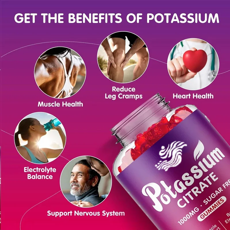 Potasium Citrate 1000mg Gummies, potasium suplemen untuk orang dewasa dan pria, mendukung penurun kaki dan otot, 60 Pills