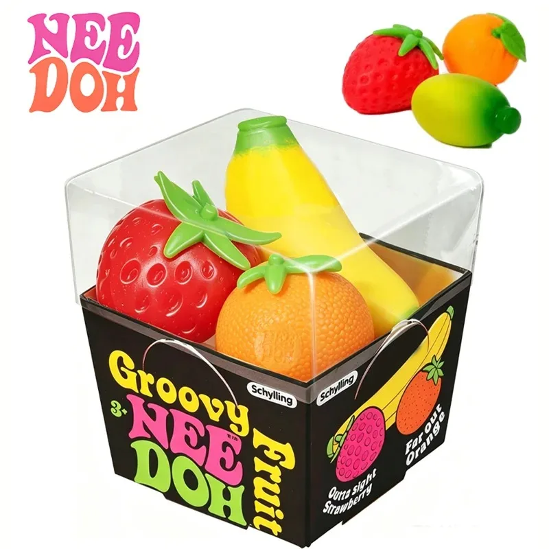 Schylling Needoh Groovy Fruit 3 Pack Squishy Stress Ball Banana Shape Squeeze Fidget Toy Anxiety Relief Sensory Hand Therapy Toy