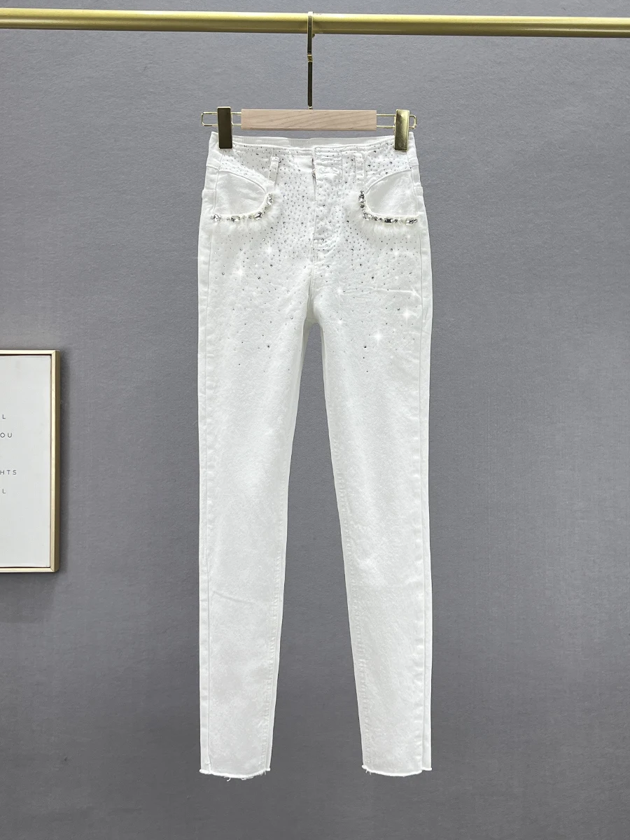 

High Waist Fce Lined 9-Piece Women's Jeans Slim Fit Faionable Winter New Sle European Goods Hotfix Diamond Pencil Pants