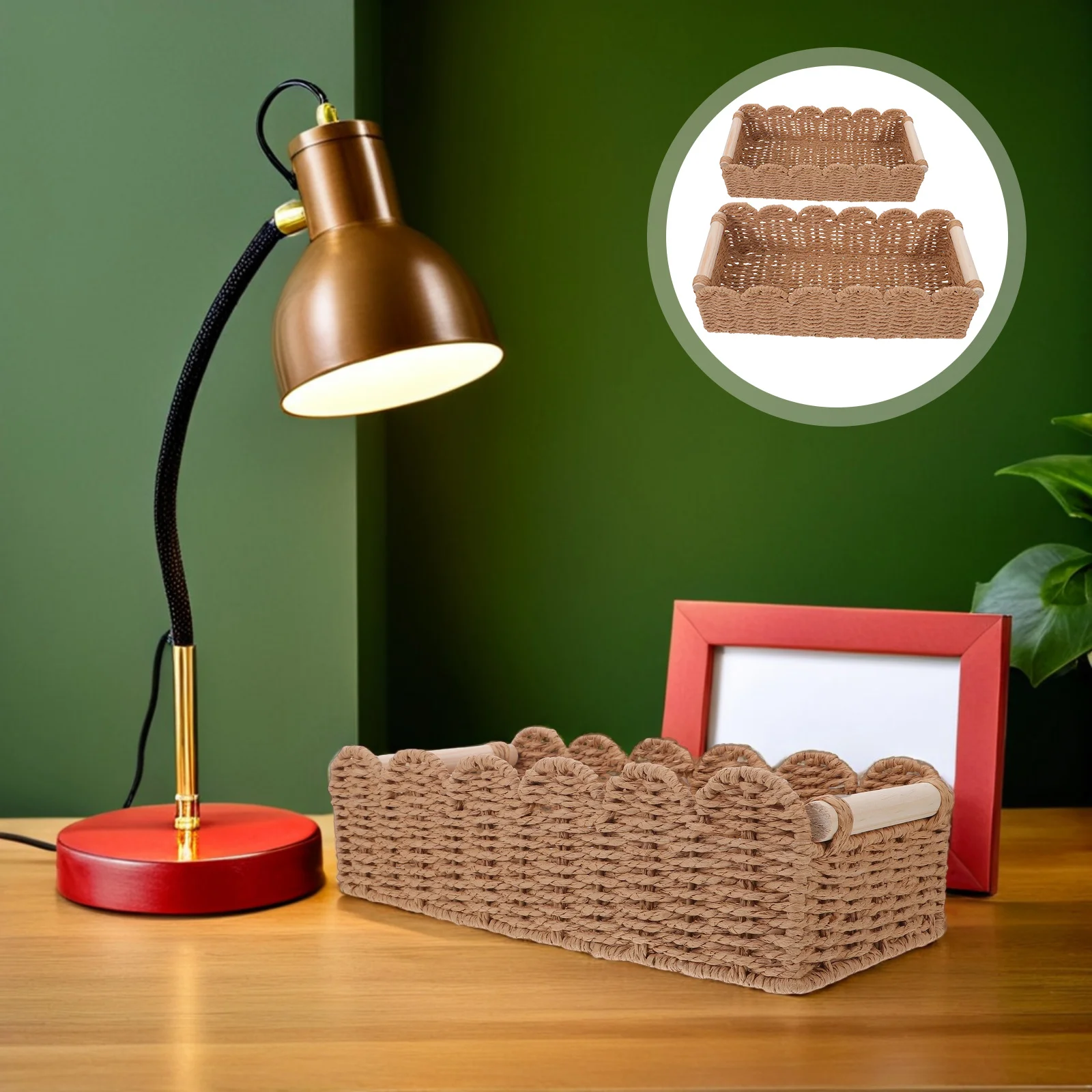 

2Pcs Paper Rope Woven Basket Scalloped Edge Wooden Handle Small Organizer Bathroom Toilet Paper Storage Over Toilet Shelf