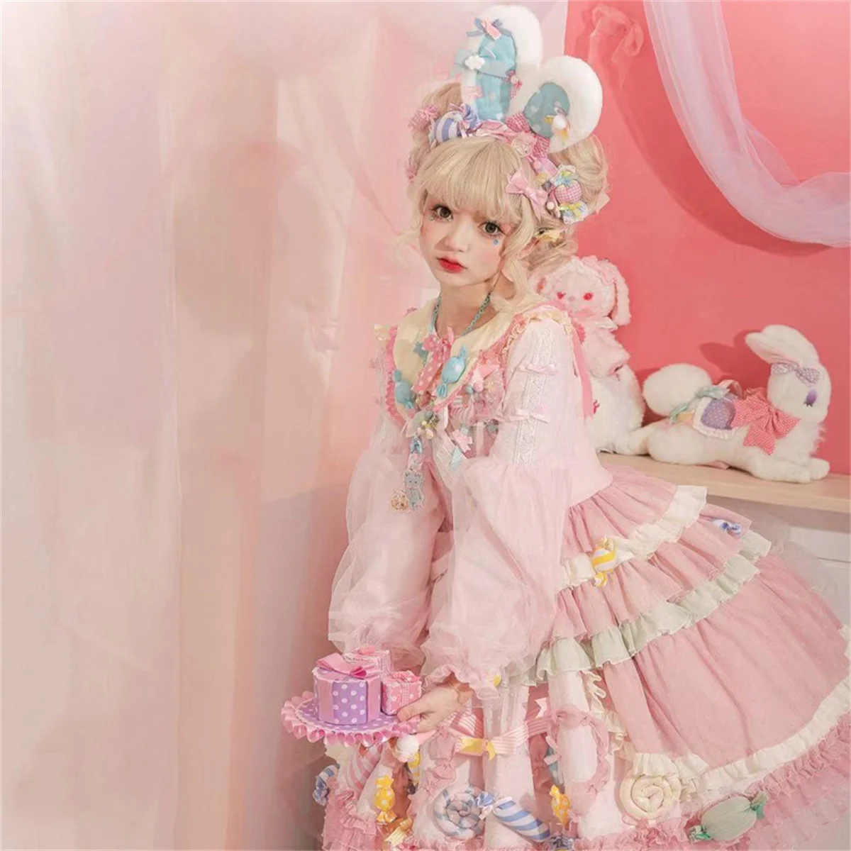 Robe à volants en dentelle à pois pour filles, style japonais, doux, cosplay, JSK, Kawaii, Lolita, mignon, Loli, bonbon, fête, col beurre, nœud rayé