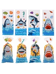 50pcs Cute Cartoon Shark Head Transparent Opp Bag, Ocean Animals Printed Gift Candy Packaging Strip Flat Bags With Gold Ribbon