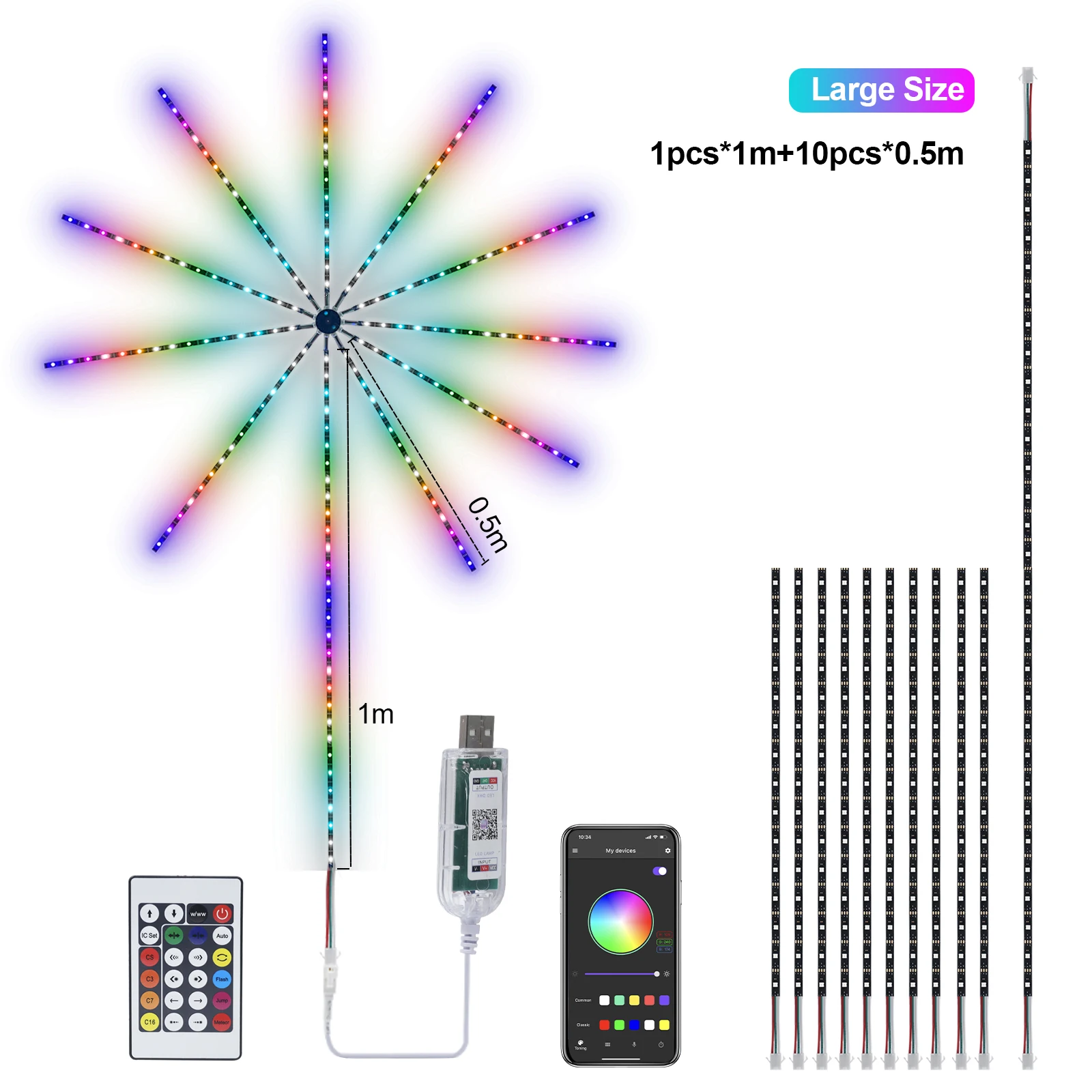 Sonho Cor Mudando Música RGB Firework Luz, Bluetooth USB, Controle Inteligente App, Parede do quarto, Festa, Decoração de férias, Tira LED, WS2812B, 5V