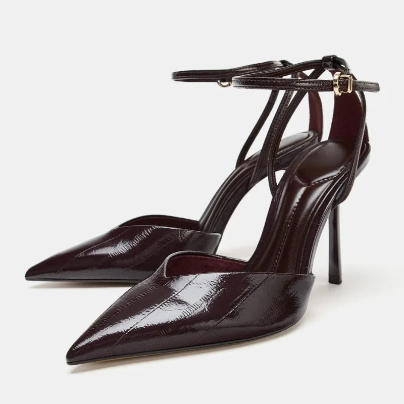 

Fashion Patent Leather Pointy Toe Pumps Women Novelty Ankle Strap Buckle Design High Heel Sandal Sexy Thin Heel Party Dress Shoe