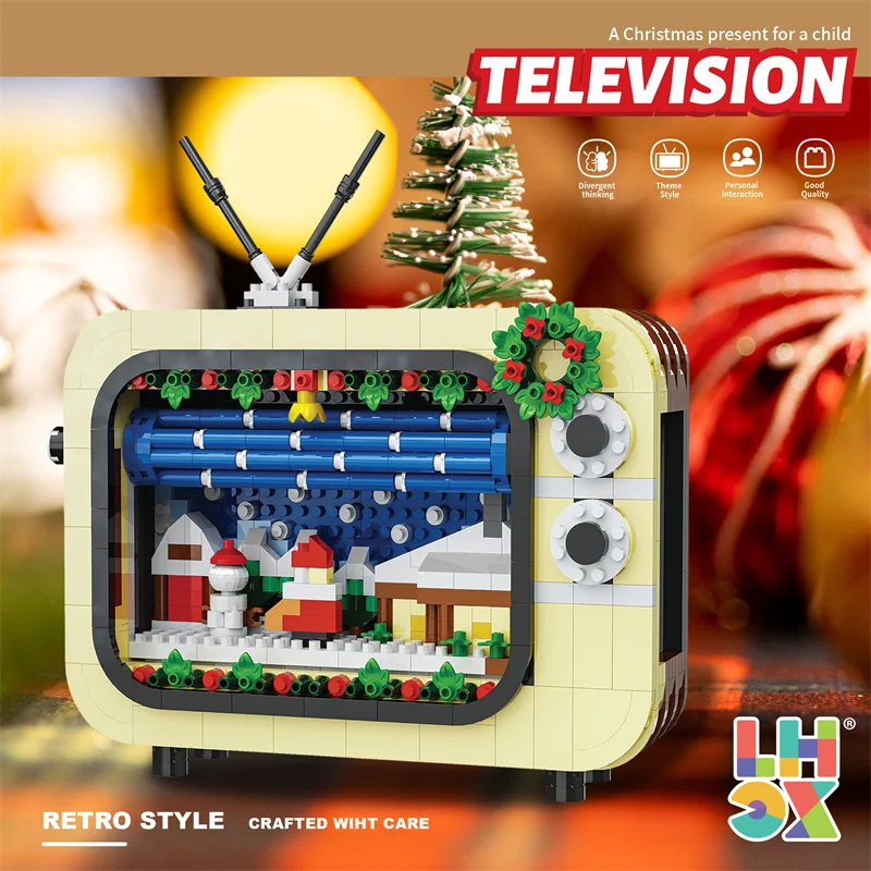 Christmas TV Building Blocks Wreath House Kids Toys Retro Style Television Bricks Assembly Model New Years Gifts Home Decorate