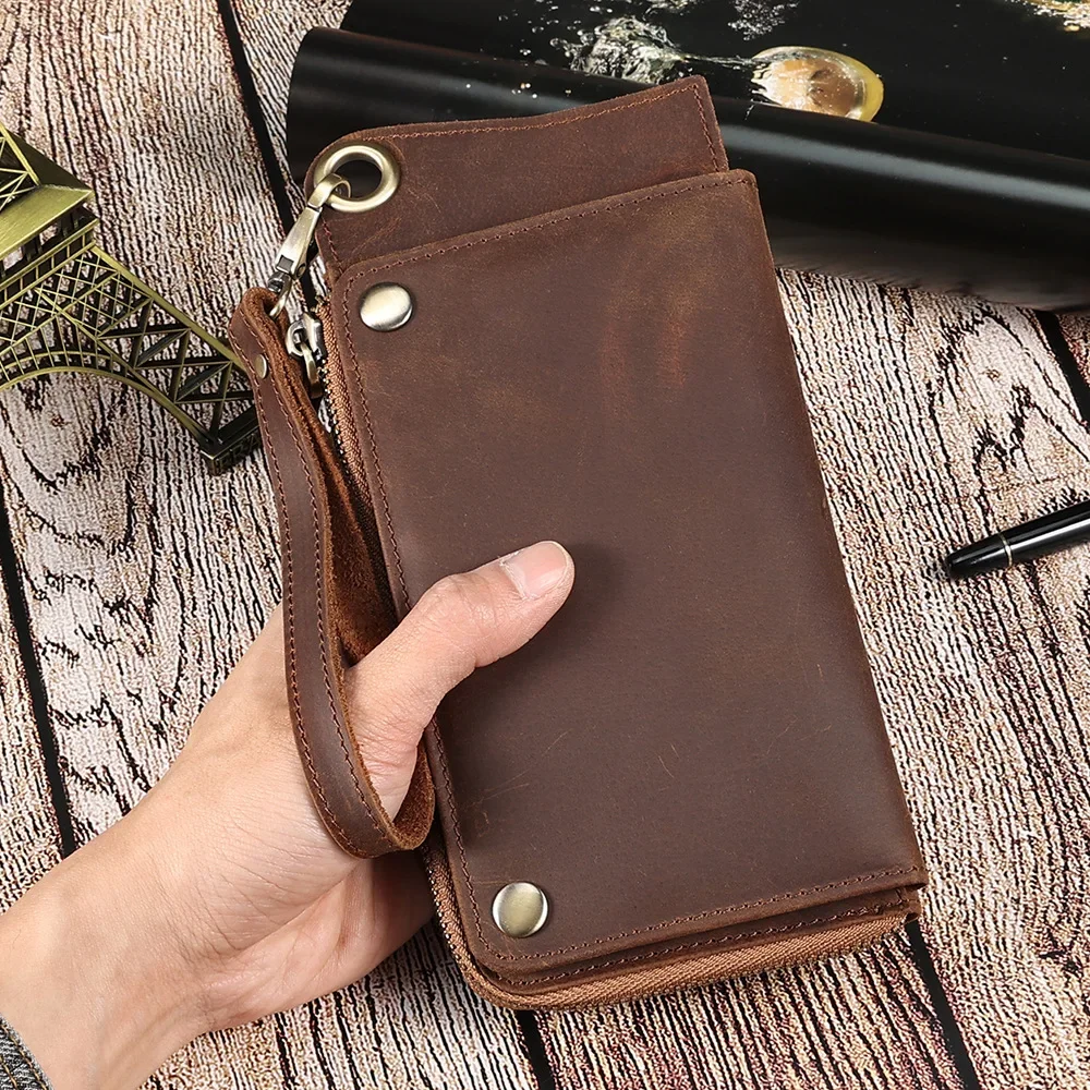 Genuine Leather Men's Wallet with Multi Slots for Cards and Large Capacity Handheld Bag, RFID Blocking Crazy Horse Long Wallet