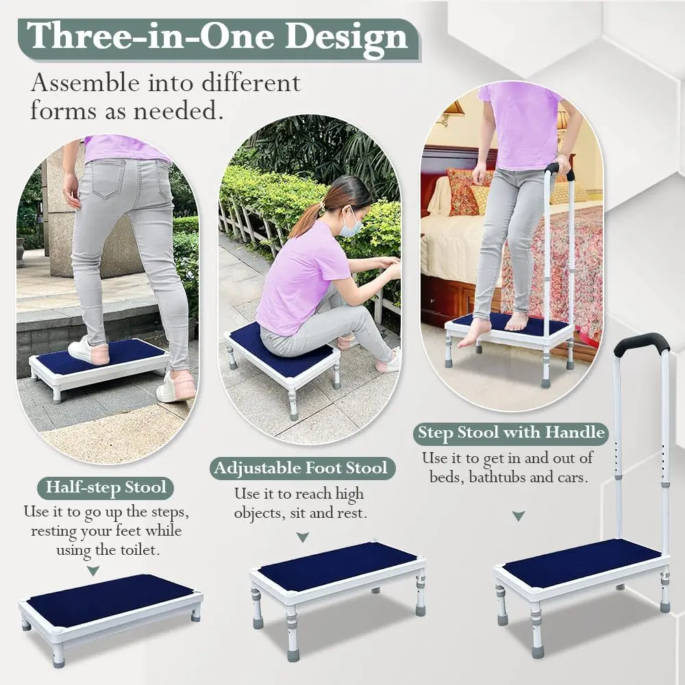 Medical Step Stool with Bed Steps for High Beds for Adults Elderly 3-in-1 Safety Bed Handle Bedside Assist Handicap Wide Foot St