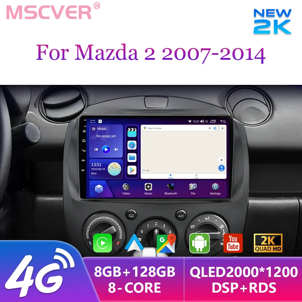 

Android15 Car Radio Multimedia Video Player GPS Navigation For Mazda 2 2007-2014 4G Carplay Autoradio RDS DSP Head Unit QLED AHD