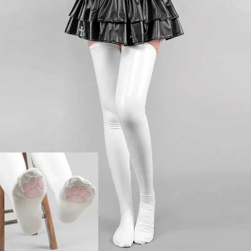 Women Leather Glossy Over Knee Stockings Anime Cute Cat Paw High Thighs Hold-ups Socks Cosplay Accessory Halloween Roleplay Girl