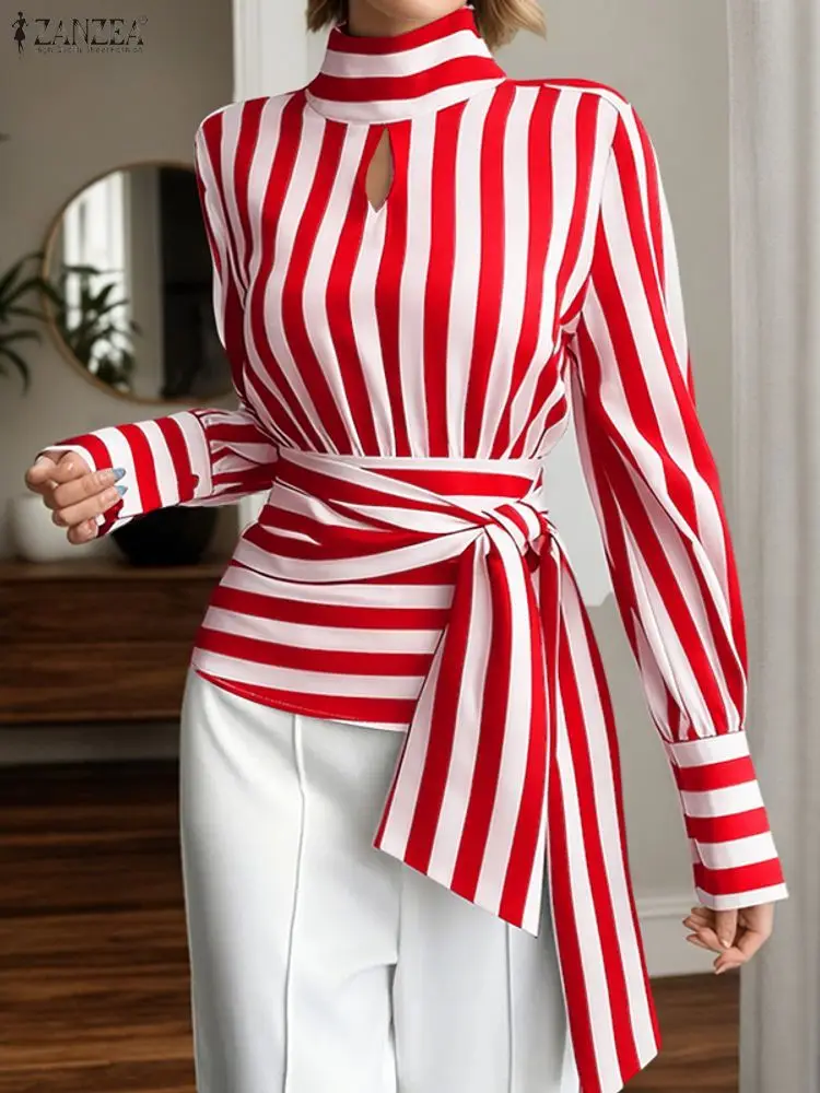 ZANZEA, blusas a rayas con lazo en la cintura para mujer, moda de otoño 2025, Tops de cuello alto recortados de manga larga, ropa de calle para mujer